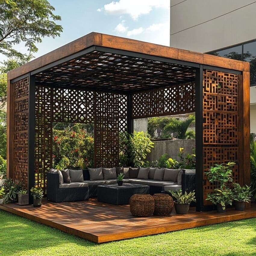 آلاچیق چوبی باغی 1 چوبین نورا آلاچیق با طرح مشبک