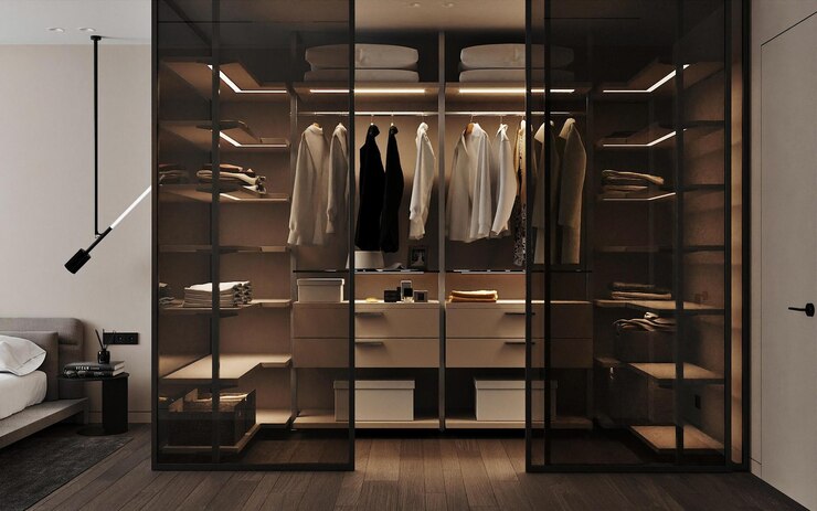 modern walk closet with glass doors led lighting 1375194 82558 چوبین نورا