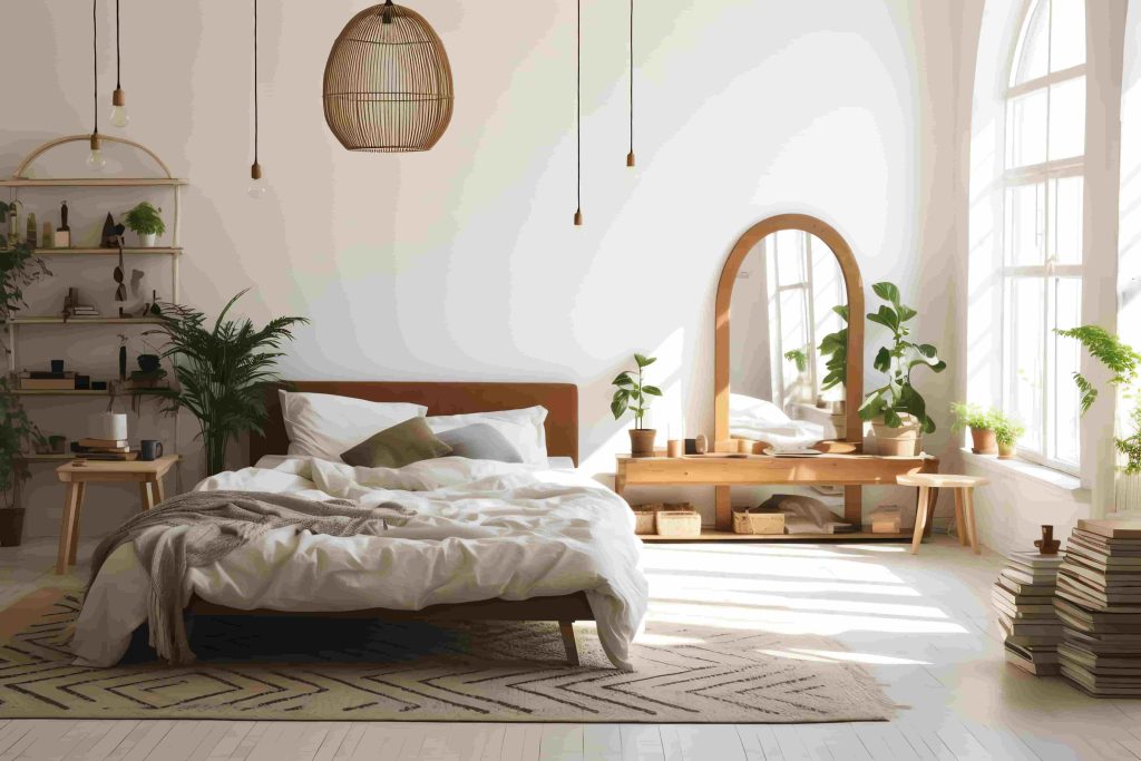 تخت خواب دو نفره چوبی در کنار آینه چوبی